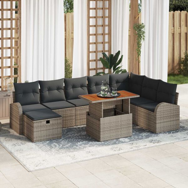 vidaXL Garden Sofa Set Height-Adjustable 9 pcs Grey Poly Rattan