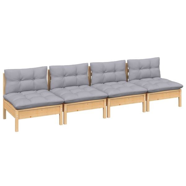 vidaXL 4-Seater Garden Sofa with Grey Cushions Solid Pinewood