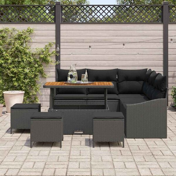 vidaXL Garden Sofa Set with Cushion 9 pcs Black Poly Rattan