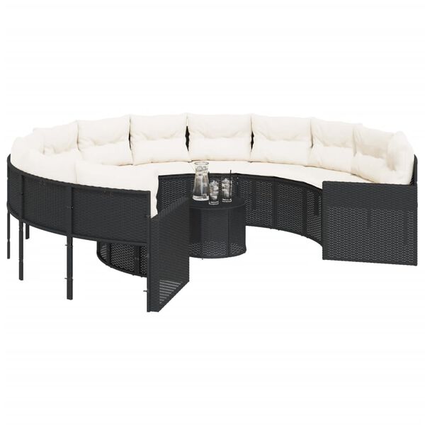vidaXL Garden Sofa with Table and Cushions Round Black Poly Rattan
