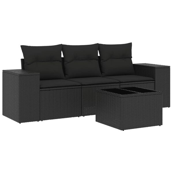 vidaXL 4 Piece Garden Sofa Set with Cushions Black Poly Rattan