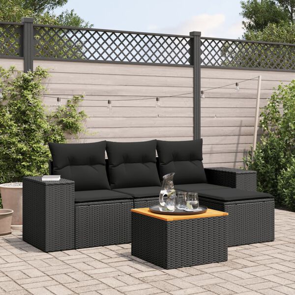 vidaXL 5 Piece Garden Sofa Set with Cushions Black Poly Rattan
