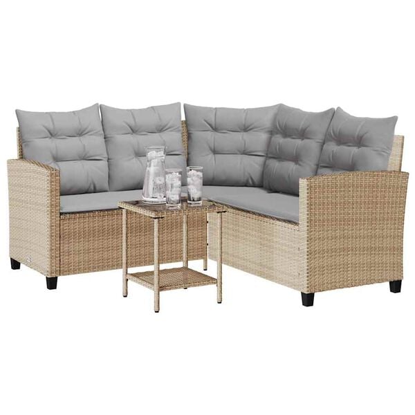 vidaXL Garden Sofa with Table&Cushions L-shaped Beige Poly Rattan
