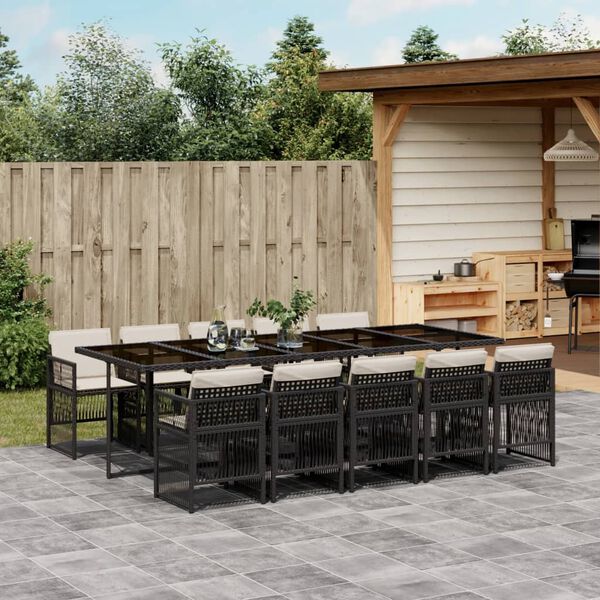 vidaXL 11 Piece Garden Dining Set with Cushions Black Poly Rattan