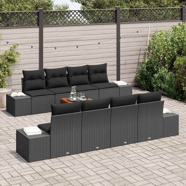 vidaXL Garden Sofa Set with Storage 9 pcs Black Poly Rattan