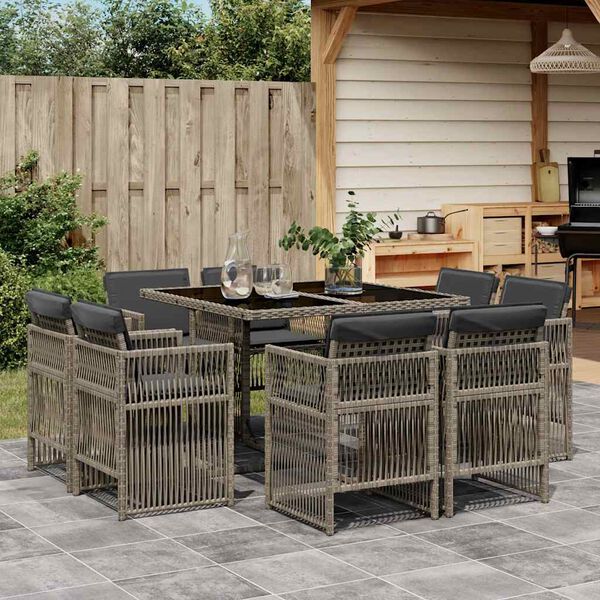 vidaXL 9 Piece Garden Dining Set with Cushions Grey Poly Rattan