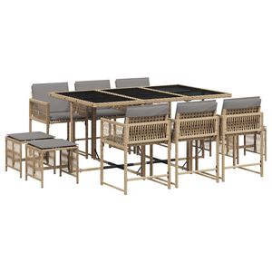 vidaXL 11 Piece Garden Dining Set with Cushions Mix Beige Poly Rattan