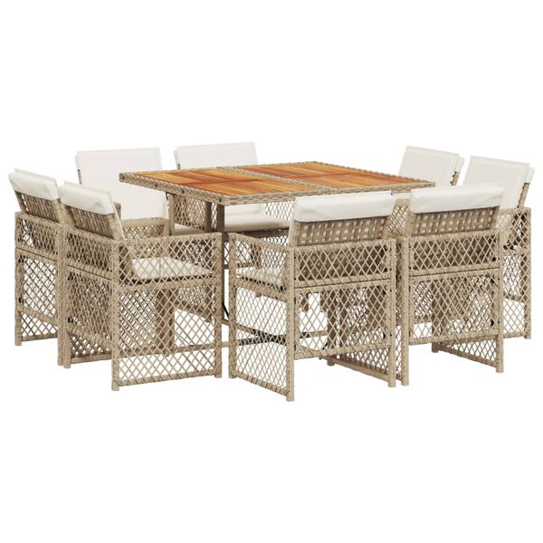 vidaXL 9 Piece Garden Dining Set with Cushions Beige Poly Rattan