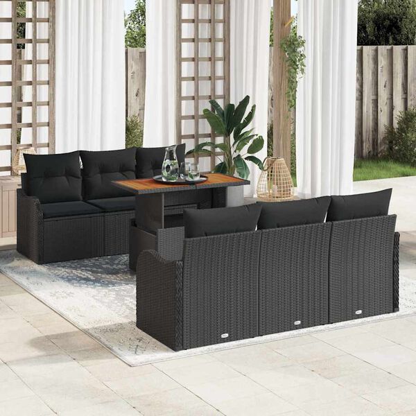 vidaXL Garden Sofa Set with Cushion 7 pcs Black Poly Rattan