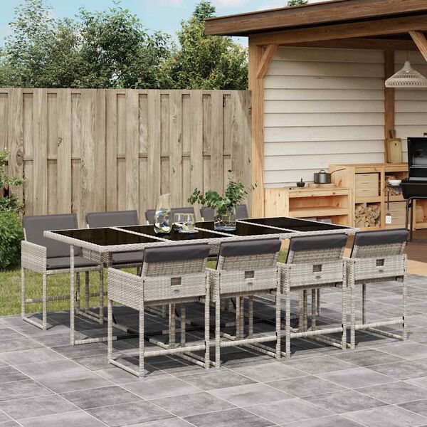 vidaXL 9 Piece Garden Dining Set with Cushions Light Grey Poly Rattan