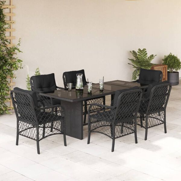 vidaXL 7 Piece Garden Dining Set with Cushions Black Poly Rattan