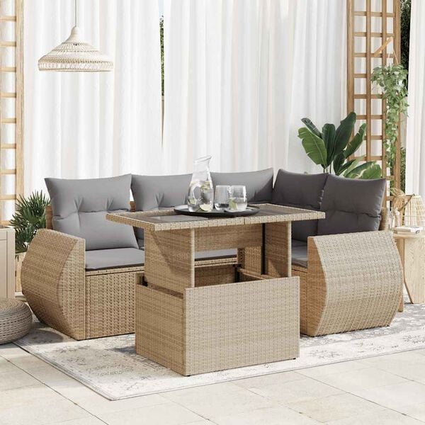 vidaXL 5 Piece Garden Sofa Set with Cushions Beige Poly Rattan