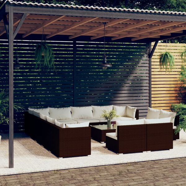 vidaXL 14 Piece Garden Lounge Set with Cushions Brown Poly Rattan