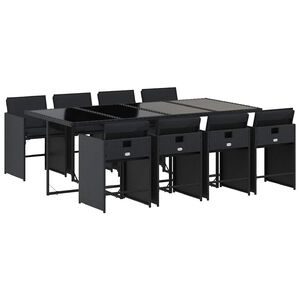 vidaXL 9 Piece Garden Dining Set with Cushions Black Poly Rattan