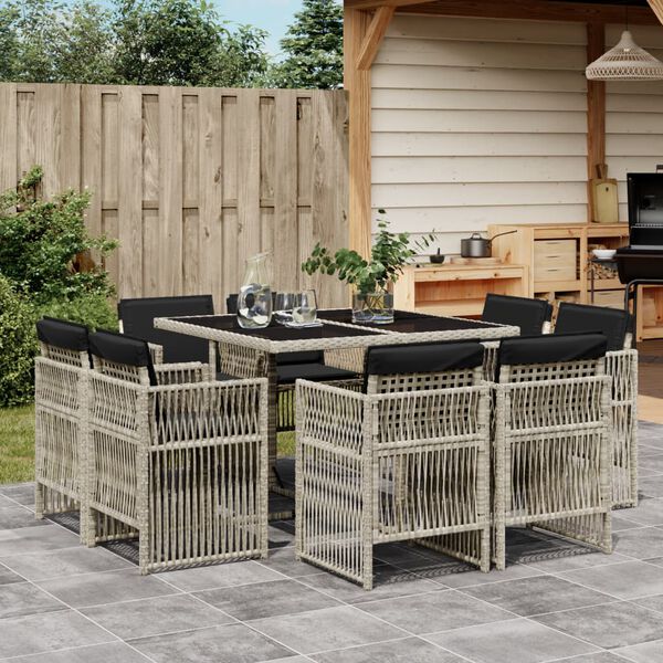 vidaXL 9 Piece Garden Dining Set with Cushions Light Grey Poly Rattan