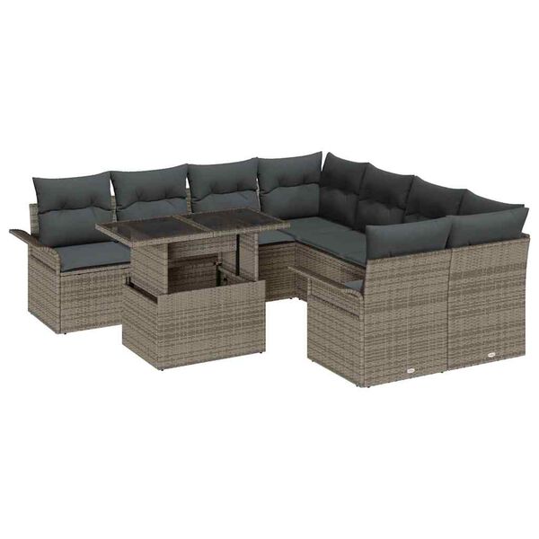 vidaXL Garden Sofa Set with Cushion 9 pcs Grey Poly Rattan