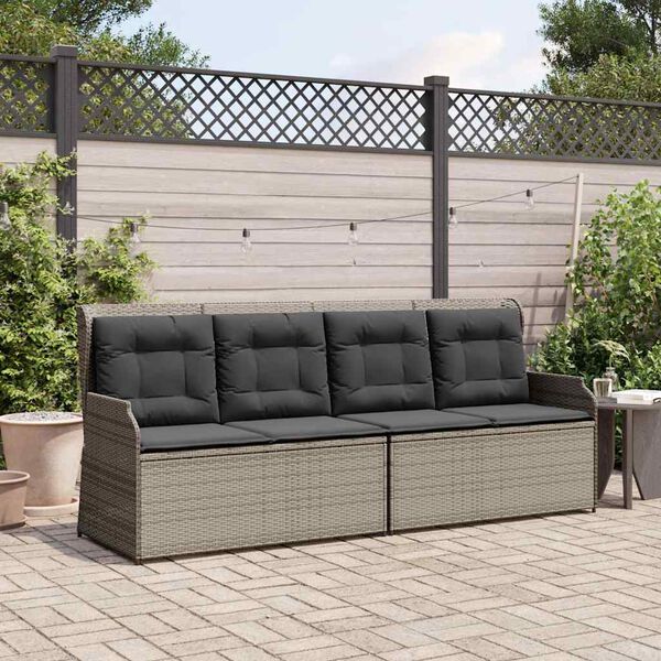 vidaXL Reclining Garden Bench with Cushions Grey Poly Rattan