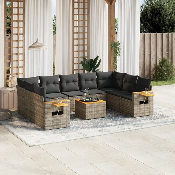vidaXL 10 Piece Garden Sofa Set with Cushions Grey Poly Rattan