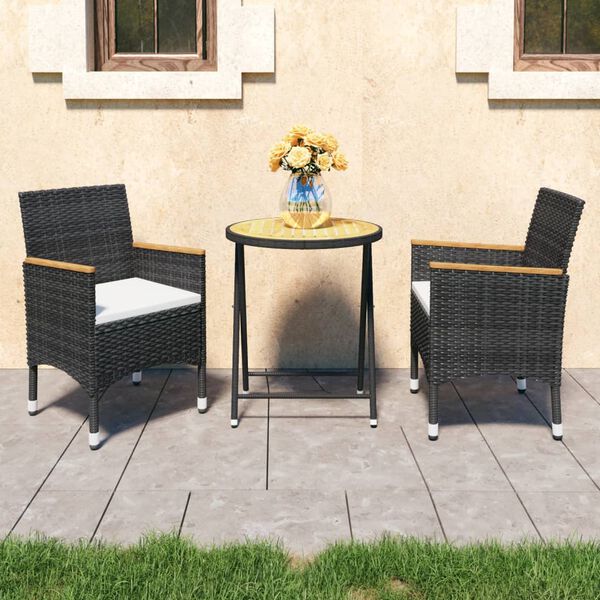 vidaXL 3 Piece Garden Bistro Set Poly Rattan and Acacia Wood Black