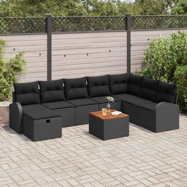 vidaXL Garden Sofa Set with Cushion 9 pcs Black Poly Rattan