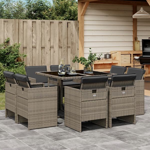 vidaXL 9 Piece Garden Dining Set with Cushions Grey Poly Rattan