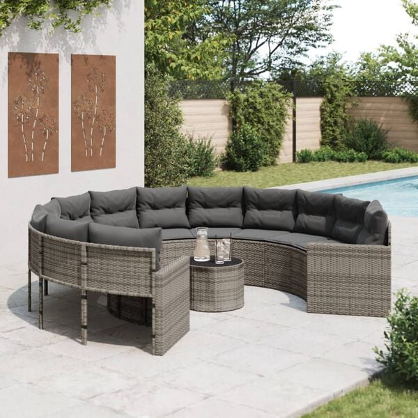 vidaXL Garden Sofa with Table and Cushions Round Grey Poly Rattan