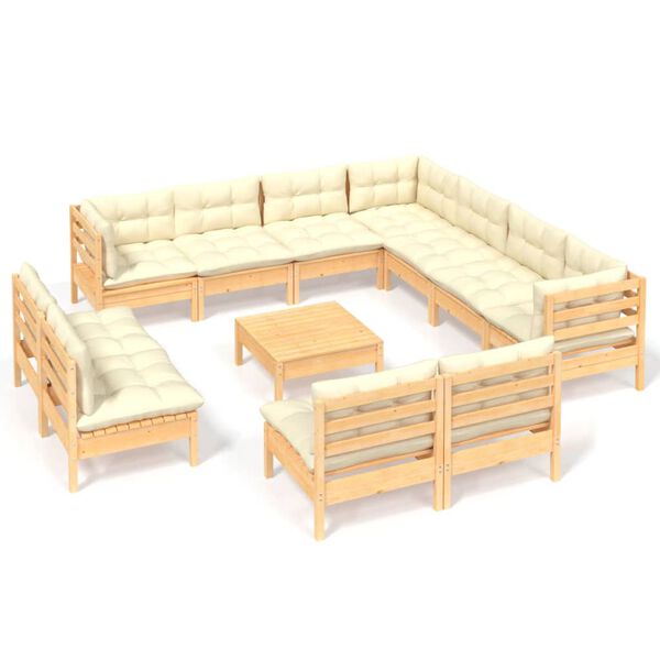 vidaXL 12 Piece Garden Lounge Set with Cream Cushions Solid Pinewood