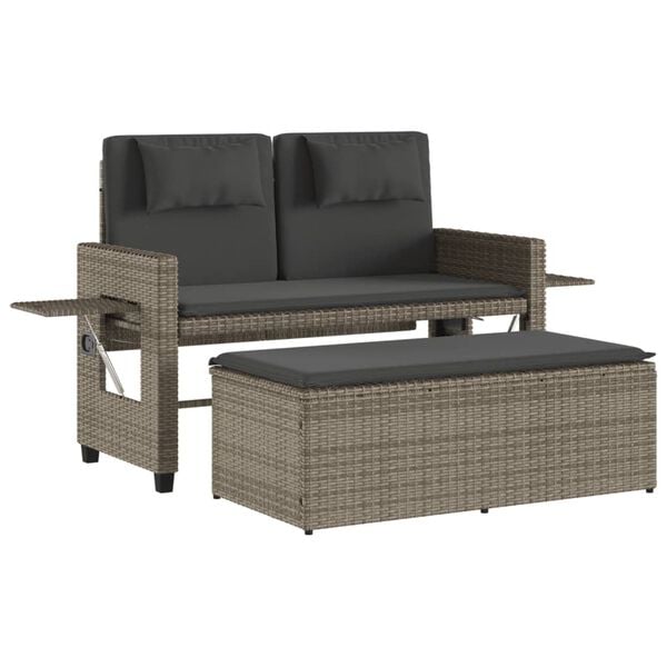 vidaXL Reclining Garden Bench with Cushions Grey Poly Rattan