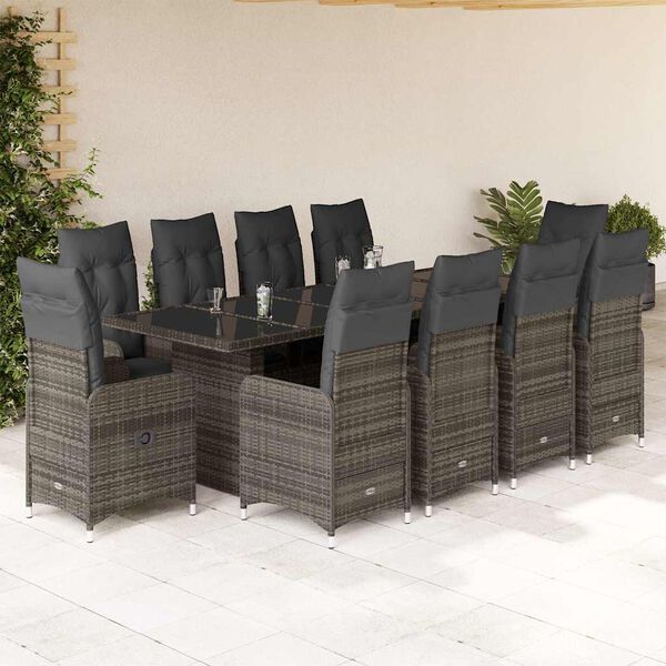 vidaXL 11 Piece Garden Bistro Set with Cushions Grey Poly Rattan