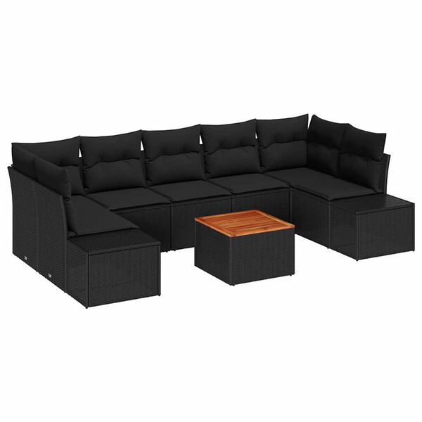 vidaXL Garden Sofa Set with Cushion 8 pcs Black Poly Rattan