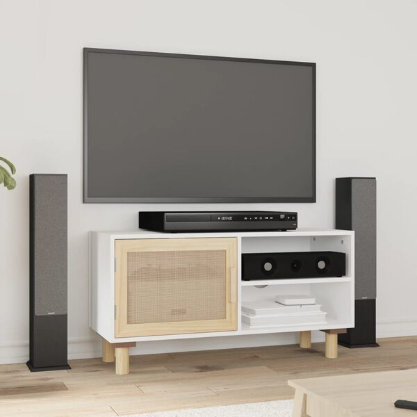 vidaXL TV Cabinet White 80x30x40 cm Solid Wood Pine and Natural Rattan