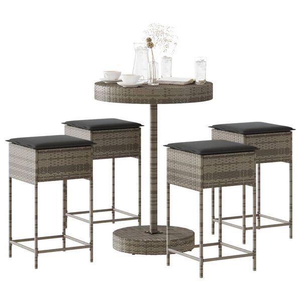 vidaXL 5 Piece Garden Bar Set with Cushions Grey Poly Rattan