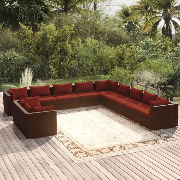 vidaXL 11 Piece Garden Lounge Set with Cushions Brown Poly Rattan