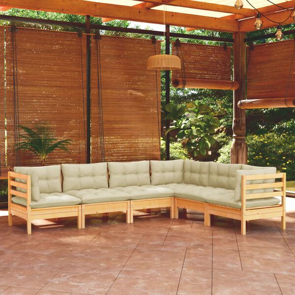 vidaXL 6 Piece Garden Lounge Set with Cream Cushions Solid Pinewood