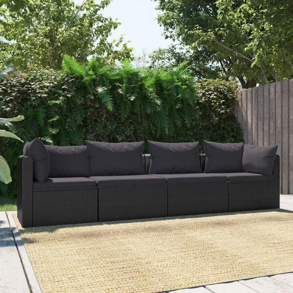 vidaXL 4 Piece Garden Sofa Set with Cushions Poly Rattan Black