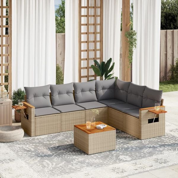 vidaXL 7 Piece Garden Sofa Set with Cushions Beige Poly Rattan