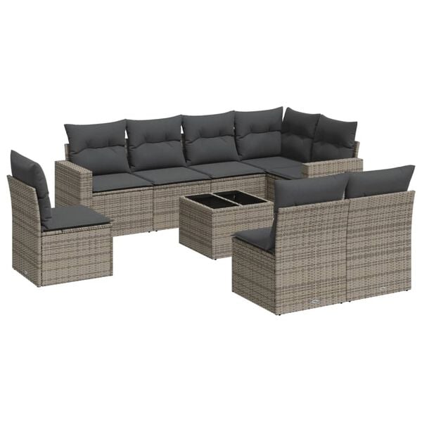 vidaXL 9 Piece Garden Sofa Set with Cushions Grey Poly Rattan