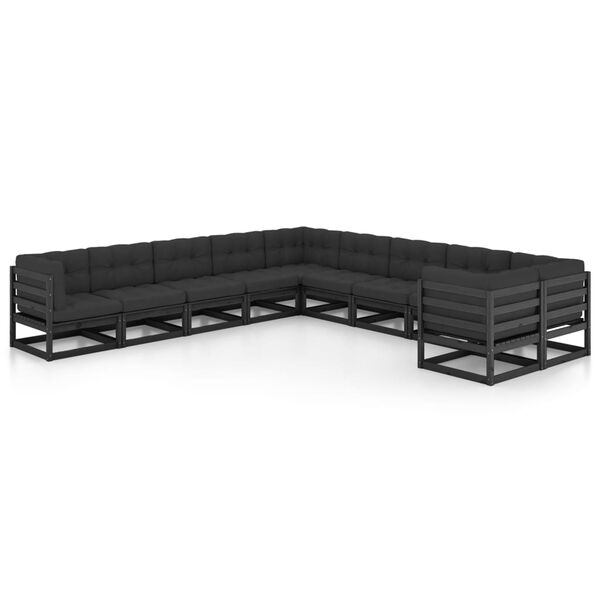 vidaXL 10 Piece Garden Lounge Set with Cushions Black Solid Pinewood