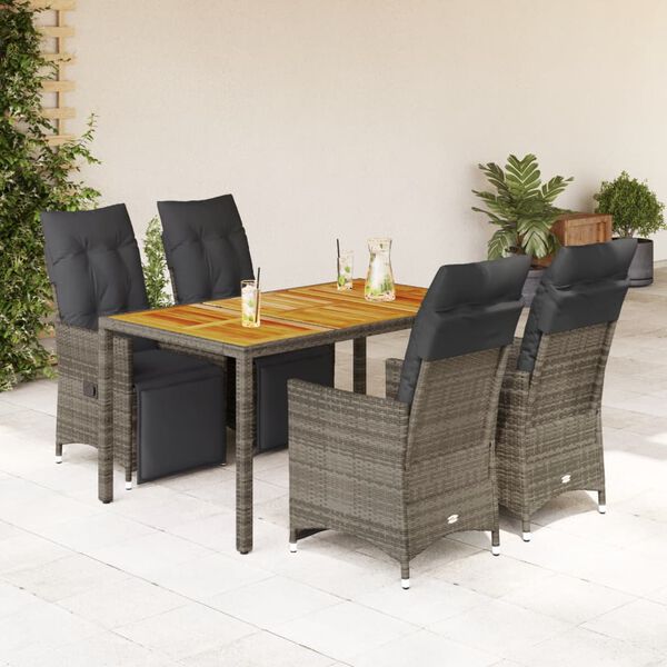 vidaXL 5 Piece Garden Bistro Set with Cushions Grey Poly Rattan