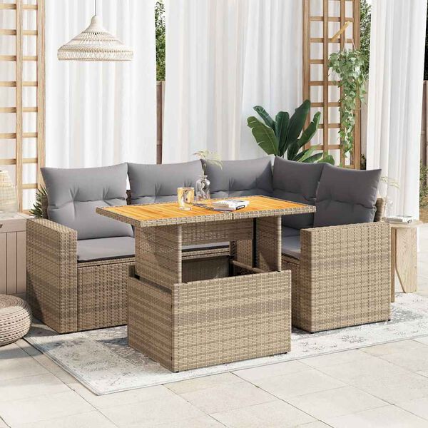 vidaXL 5 Piece Garden Sofa Set with Cushions Beige Poly Rattan