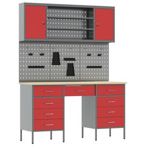 vidaXL Work Cabinet 7 pcs Red and Grey Engineered Wood and Steel