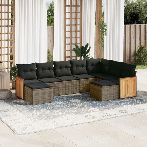 vidaXL 9 Piece Garden Sofa Set with Cushions Grey Poly Rattan
