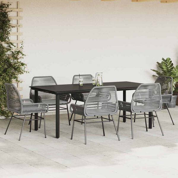 vidaXL 7 Piece Garden Dining Set with Cushions Grey Poly Rattan Glass