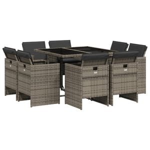 vidaXL 9 Piece Garden Dining Set with Cushions Grey Poly Rattan