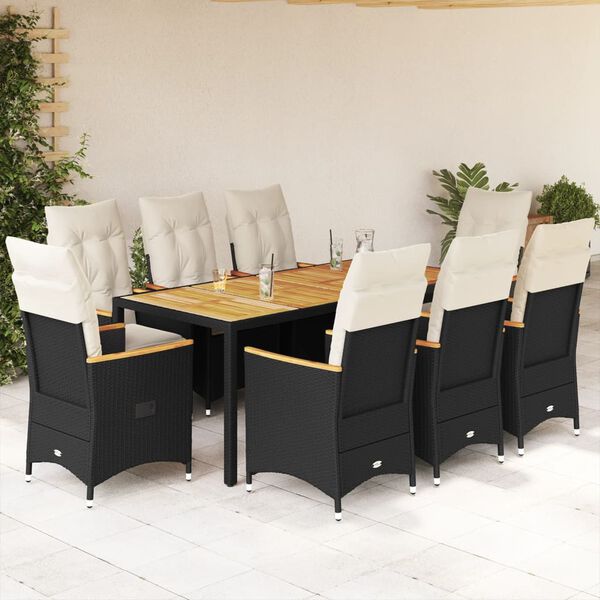 vidaXL 9 Piece Garden Dining Set with Cushions Black Poly Rattan