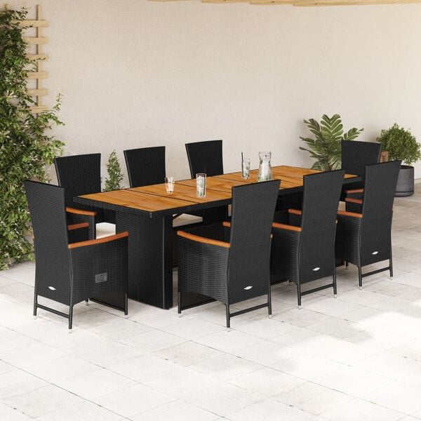 vidaXL 9 Piece Garden Dining Set with Cushions Black Poly Rattan