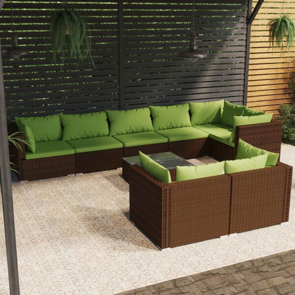 vidaXL 9 Piece Garden Lounge Set with Cushions Brown Poly Rattan