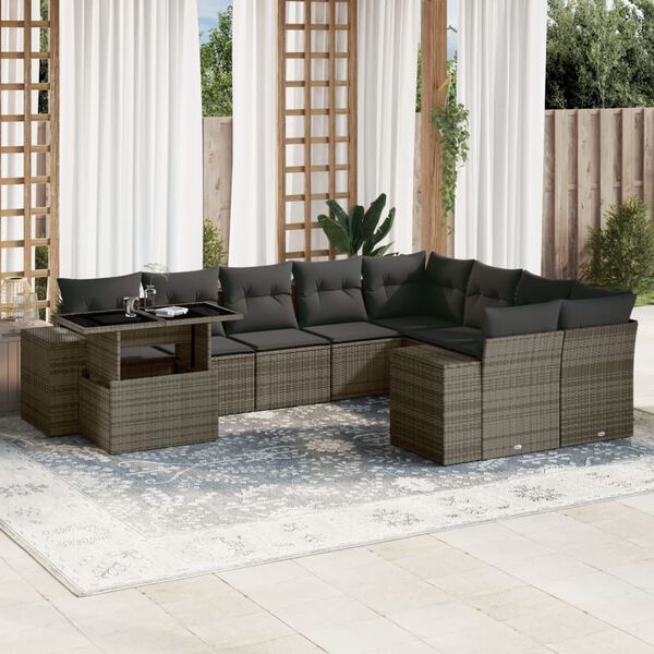 vidaXL 10 Piece Garden Sofa Set with Cushions Grey Poly Rattan