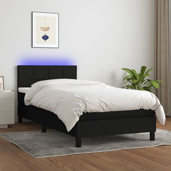 vidaXL Box Spring Bed with Mattress&LED Black 106x203 cm King Single Size Fabric
