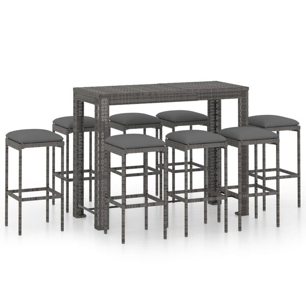 vidaXL 9 Piece Garden Bar Set with Cushions Poly Rattan Grey